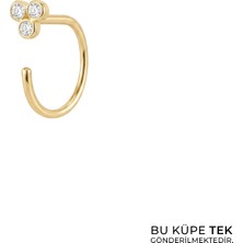 Duyum Gold Üç Taşlı Kanca Halka Tek Altın Küpe 14 Ayar