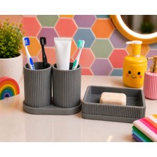 3D Baskı Diş Fırçalık ve Sabunluk Seti - Lavabo Üstü Banyo Organizeri-Gri