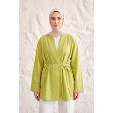 Modestim Önü Bağlamalı Kimono Tesettür Tunik Yağ Yeşili Oversize Yeni Sezon Rahat Kalıp Önü Baglamalı Tesettür Tunik