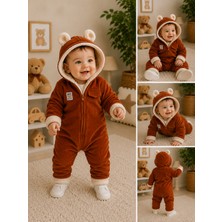 Serpil Unisex Bebek Koyu Turuncu Kadife Tulum Içi Peluş Astarlı Kapüşonlu Kulaklı Kışlık Tulum