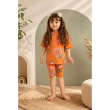 Fao Shop 7 - 24 Fao Shop 7-24 Kız Çocuk Çiçek Desenli Taytlı Takım - Kiremit Rengi (3-10 Yaş)