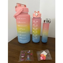 Moontime Alaçatı Plastik Üçlü Set Motivasyon Su Matarası 2 L Siyah