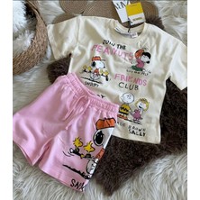 Fao Shop 7 - 24 Fao Shop 7-24 Krem Tişört + Pembe Şort Karekter Baskılı Takım