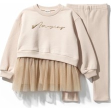 Fao Shop 7 - 24 Fao Shop 7-24 Tüllü Etekli Amazing Yazılı Ekru Kız Çocuk Taytlı Sweatshirt | Konforlu Günlük Stil