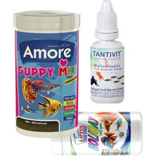 Amore Lepistes ve Tropikal Balık Tam Bakım Seti: Guppy Mix Yem (250ML) + Tatil Yemi + Multivitamin