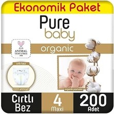 Uravas Store Pure Baby Organik Pamuklu Cırtlı Bez Ekonomik Paket 4 Numara Maxi 200 Adet