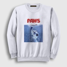 Presmono Unisex Beyaz Paws Jaws Film Komik Kedi Kedili Sweatshirt