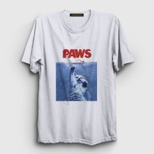 Presmono  Beyaz Paws Jaws Film Komik Kedi Kedili T-Shirt