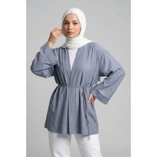 Modestim Önü Bağlamalı Kimono Tesettür Tunik Gri Oversize Yeni Sezon Rahat Kalıp Önü Baglamalı Tesettür Tunik