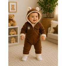 Serpil Unisex Bebek Kahverengi Kadife Tulum Içi Welsoft Astarlı Kapüşonlu Kulaklı Kışlık Tulum