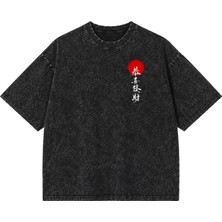 BarsDepo Oversize Yıkamalı Siyah Tişört – Japon Samurai Baskılı Unisex Streetwear T-Shirt