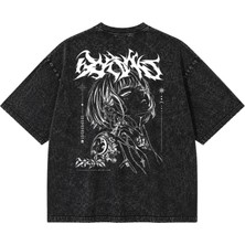 BarsDepo Oversize Yıkamalı Siyah Tişört – Gotic Baskılı Unisex Streetwear T-Shirt