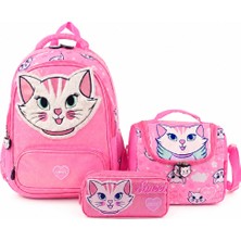 Muggle Bubbles 9613 Sweet Kedi Desenli Peluş Detaylı 3’lü Ilkokul Çantası Beslenme Kalemlik Seti