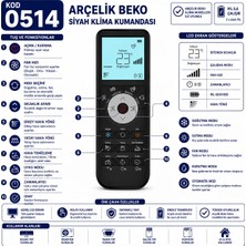 AŞIK STORE Arçelik Beko Uyumlu 0514 Siyah Klima Kumandası LCD Ekranlı Isıtma Soğutma Fan Mod Zamanlayıcı Yedek Kumanda