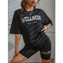 Moontime Alaçatı Kadın Oversize Self Love Baskılı T-Shirt Tayt Takım