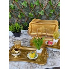 6 Adet Altın Kurdale Kahve Sunumluk Tepsi Gold (Plastik)Kelebek