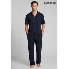 Mısırlı Erkek Modal Karışımlı Düğmeli Pijama Takım Koyu Lacivert