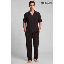 Mısırlı Erkek Modal Karışımlı Düğmeli Pijama Takım Koyu Kahverengi