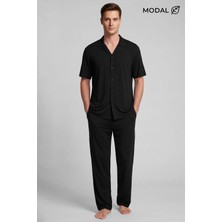 Mısırlı Erkek Modal Karışımlı Düğmeli Pijama Takım Siyah