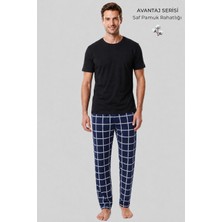 Mısırlı Erkek Pamuk Ince Ekoseli Alt  Pijama Açık Lacivert