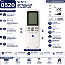 AŞIK STORE Vestel Uyumlu 0520 Beyaz Klima Kumandası LCD Ekranlı Isıtma Soğutma Fan Mod Ayarlı Yedek Kumanda