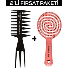 Fontenay Profesyonel Antistatik Karbon Tarak 034 + 3 Boyutlu Açma Tarama Tarak Saç Fırçası 2'li Set Pembe