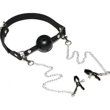 Sınırsızmarket Delikli Ağız Topu ve Göğüs Klipsi, Siyah, Zincirli, Deri Kayışlı Bdsm Aksesuar Seti