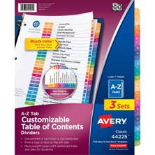 Avery 3 Halka Bağlayıcı Için A-Z Tab Bölücüler, Özelleştirilebilir Içindekiler, Çok Renkli Sekmeler, 3 Takım (44225)