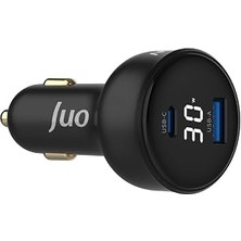 Juo 30W LED Ekranlı Type-C + Usb-A Araç Şarj Aleti iPhone & Android & Tablet Araç Içi Şarj Cihazı