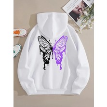 Tarzsokak Kadın Beyaz Kelebek Baskılı Kapüşonlu Sweatshirt