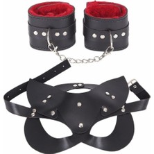 Sınırsızmarket Kırmızı Suni Deri Kelepçe ve Kedi Maskesi Seti, Metal Zincirli, Kadife Astarlı