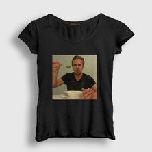 Presmono Kadın Siyah Ryan Gosling Eats Cereal T-Shirt