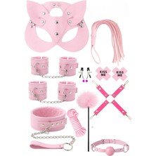 Sınırsızmarket 12 Parça Pembe Fantezi Set, Maske, Kelepçe, Kamçı, Tasma, Kelepçeler, Klipsler, Tüy, Halka, Ip, Kiss Me Etiketleri
