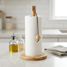 Doğal Bambu Bohem Top Tutacaklı Kağıt Havluluk - Dekoratif Ahşap Stand (30X14 Cm, Kahve ve Bambu Renk Seçenekli, 1 Adet) (Doğal)