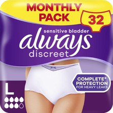 Always Discreet Inkontinans Pantolon Beden L (32 Külot) Aylık Paket, Plus, Gizli Koruma ve Yüksek Gücü, Koku Nötralize Edici, 4 x 8 Adet