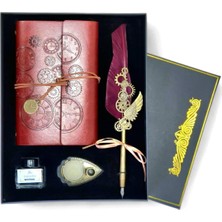 Senon Steampunk Tüy Kalem Seti Dişli Tasarımlı Doldurulabilir Divitli Deri Defter Mürekkep Şişesi ve Tüylü Divit Seti Özel Tasarım Hediyelik (Koyu Kahve)