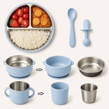 igygoods Silikon Vakum Tabanlı Paslanmaz Çelik Bebek Mama Tabağı, Kase, Paslanmaz Çelik Içli Kulplu Bardak ve Ikili Silikon Kaşık  Set