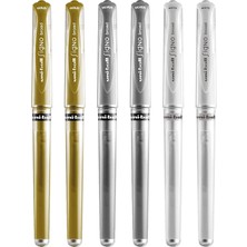 Uni-Ball Signo Pen Geniş Metalik Jel Mürekkep Rollerball - Metal 1 mm Uç Ucu 0,65 mm Kauçuk Saplı Çizgi Genişliği - UM-153 - (6'lı Paket) - Beyaz, Gümüş ve Altın