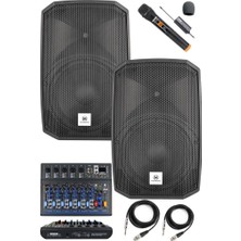 Maxword MAXI-12A-MİXER Set 2 Adet 12 Inç Aktif Hoparlör Mikser ve Mikrofon Ses Sistemi (1200W + 1200W)