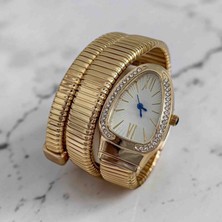 Boutique Kadın Gold Yılan Model Dolamalı Çelik Kol Saati - Taş Detaylı Retro Sarmal Bileklik Saat