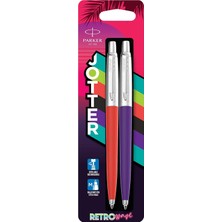 Parker Jotter Originals Tükenmez Kalemler | Retrowave Koleksiyonu | Vermilion Kırmızı ve Indigo Moru | Mavi Mürekkep | Orta Nokta | 2 Adet