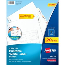 Avery Big Tab Yazdırılabilir Beyaz Etiket Ayırıcılar, Kolay Soyulur, 5 Sekme, 20 Set (14434)