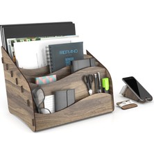 Wavy Masaüstü Organizer A4 Kağıt Kalemlikli Evrak Rafı Mini Kitaplık (Ceviz)