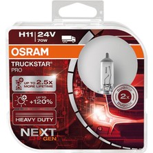 Osram Ampul Truckstar Pro H11 24V 70W%120'YE Kadar Fazla Işık 2.5x Daha Uzun Kullanım Süresi 64216TSP-HCB