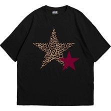 Tarzsokak Y2K Leopar Starz Baskılı Oversize Unisex Siyah
