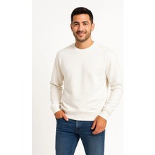 Tarz Yeri Erkek 3 Iplik Pamuklu Düz Bisiklet Yaka Sweatshirt - Beyaz