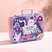 Renkli Kedi Desenli Beslenme Kutusu - 700 ml 3 Bölmeli Taşıma Kulplu Çocuk Beslenme Kabı Pp (Pembe)