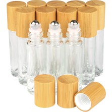 Şeffaf Yeniden Doldurulabilir Cam Boş Rulo Şişe, 10 ml Bambu Uçucu Yağlar Için Şişe Üzerinde Rulo Parfüm Numune Şişeleri Paslanmaz Çelik Rulo Top ve Bambu Kapaklı,12 Adet