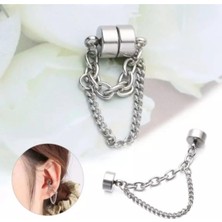 Çift Zincirli Mıknatıslı Piercing Deliksiz Kıkırdak Küpe, Gümüş, Unisex