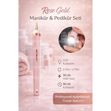Rose Gold Manikür & Pedikür Seti, Şarjlı Tırnak Bakım Aleti, 5 Farklı Uç Başlıklı, LED Işıklı
